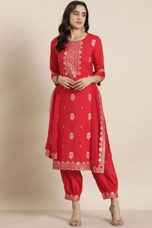 Red Color Crepe Straight Foil Printed Kurta with Salwar and Dupatta Set