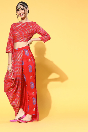 Red Color Foil Print Flared Kurta With Skirt Set