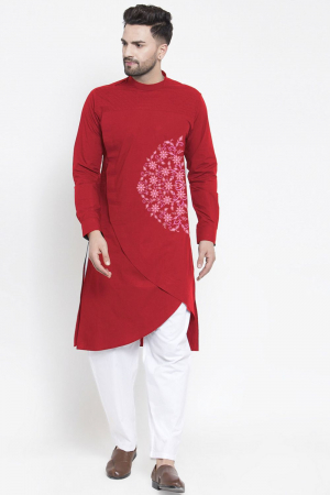 Red Cotton Kurta Pyjama Set