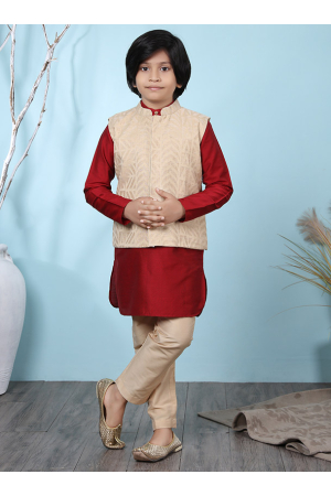 Red Cotton Silk Kurta Pyjama Set with Jacket