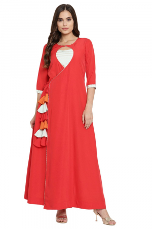 Red Crepe Solid Kurta With Dupatta