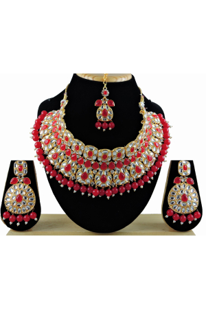 Red Designer Necklace Set with Maang Tikka