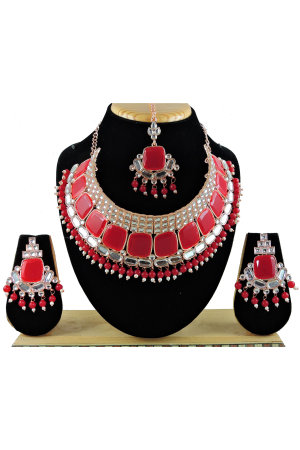 Red Designer Necklace Set with Maang Tikka