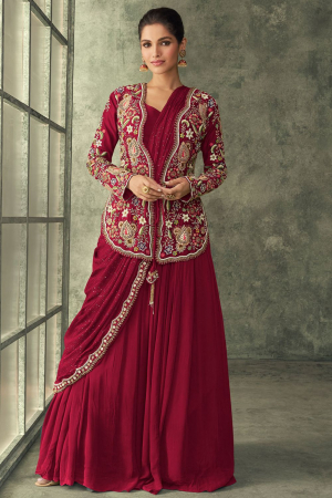 Red Drape Style Gown with Embroidered Jacket