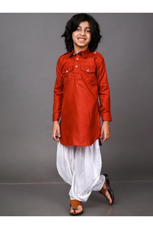 Red Dupion Silk Kids Pathani Kurta Set
