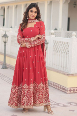 Red Embroidered Anarkali Gown with Dupatta