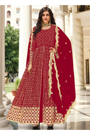 Red Embroidered Georgette Pant Kameez
