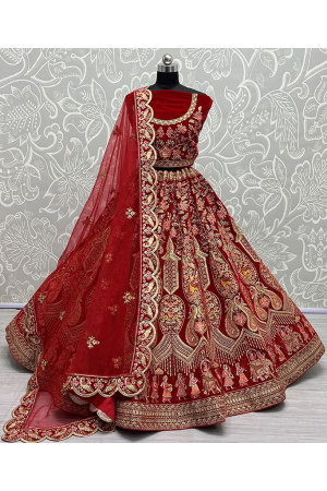 Red Embroidered Velvet Bridal Lehenga Choli