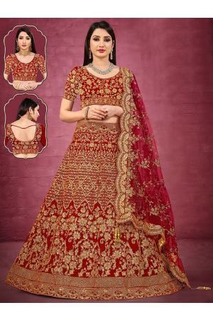 Red Embroidered Velvet Bridal Lehenga Choli