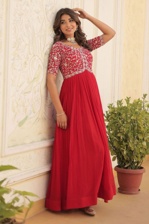 Red Faux Georgette Embroidered Gown