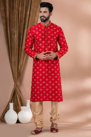 Red Festival Wear Kurta Pyjama Set