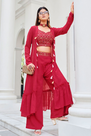 Red Georgette Palazzo with Crop Top and Jacket