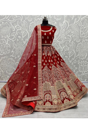 Red Handcrafted Velvet Bridal Lehenga Choli