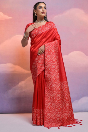 Red Handloom Raw Silk Woven Saree