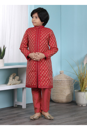 Red Handloom Silk Readymade Sherwani