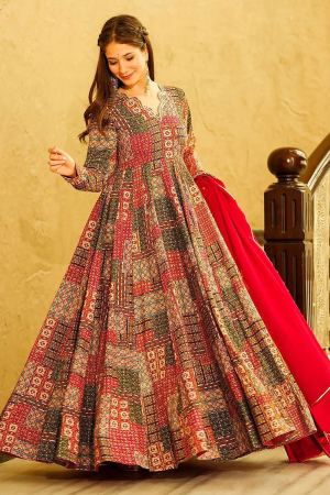 Red Heavy Digital Printed Gown with Dupatta