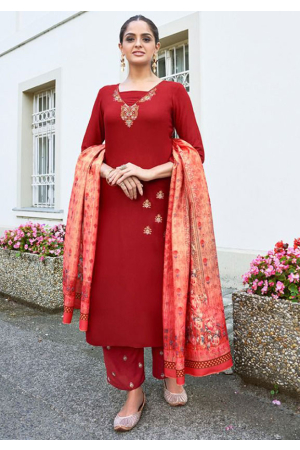 Red Heavy Rayon Trouser Kameez Suit