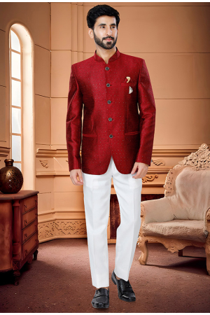 Red Jacquard Jodhpuri Suit
