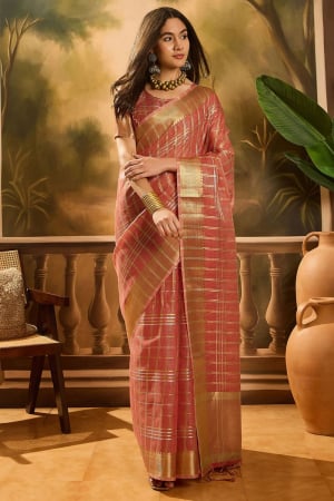 Red Khadi Organza Woven Jacquard Saree