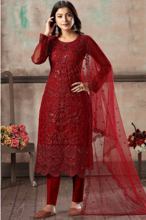 Red Net Embroidered Pant Kameez Suit