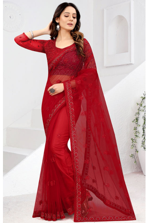 Red Net Embroidered Saree