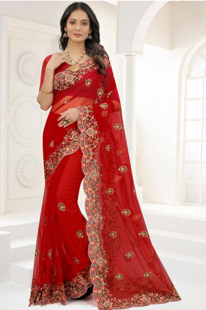 Red Net Heavy Embroidered Saree
