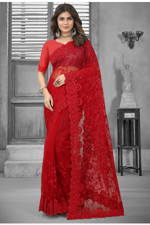 Red Net Heavy Emnbroidered Saree