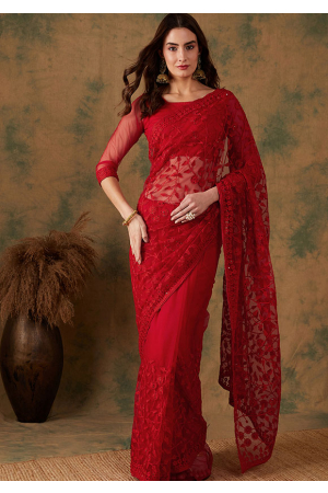 Red Net Party Wear Saree