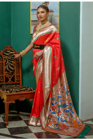 Red Paithani Silk Zari Woven Saree