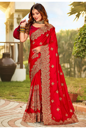 Red Pure Satin Embroidered Saree