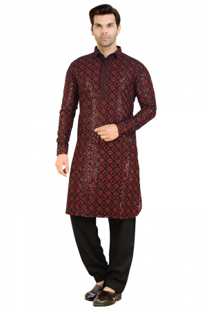 Red Rayon Cotton Sequins Embroidered Kurta Set