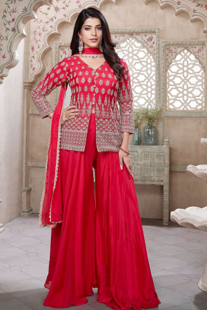 Red Silk Designer Sarara Kameez Suit