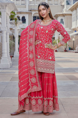 Red Silk Designer Sarara Kameez Suit