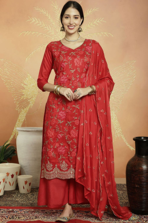 Red Silk Embroidered Palazzo Kameez Suit