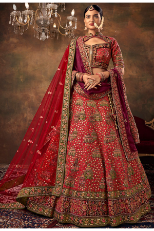 Red Silk Wedding Wear Lehenga Choli with Double Dupatta