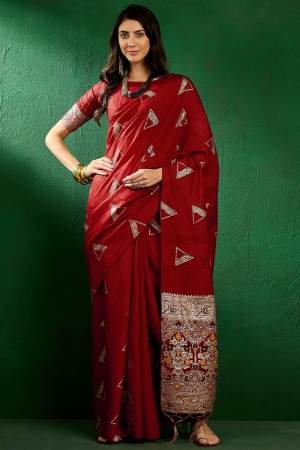 Red Silk Woven Party Wear Saree