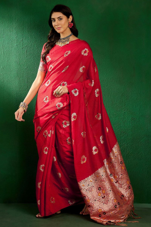 Red Silk Woven Party Wear Saree