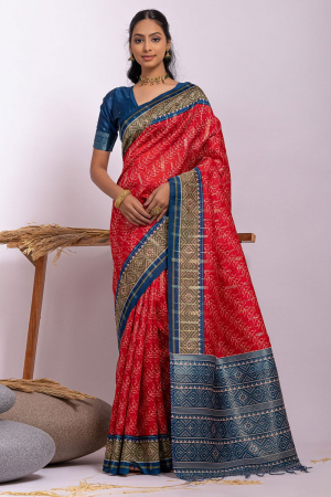 Red Tussar Silk Printed Saree