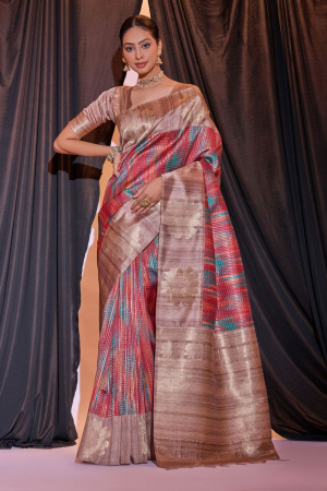 Red Tussar Silk Zari Woven Saree