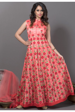 Coral Pink Floral Embroidered Readymade Suit