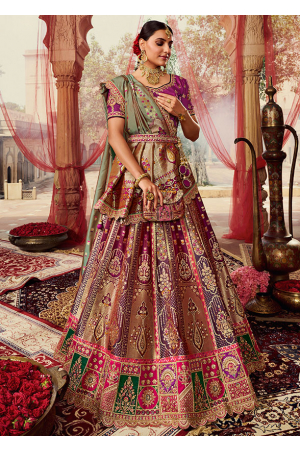 Rose Gold and Magenta Embroidered Banarasi Silk Bridal Lehenga Set
