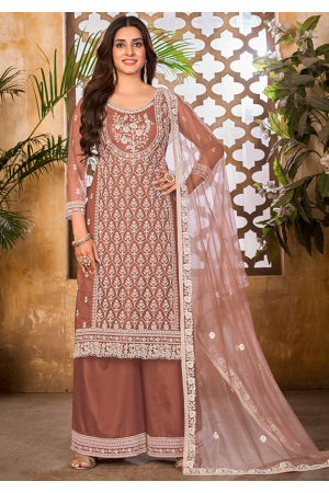 Rose Gold Embroidered Net Palazzo Kameez