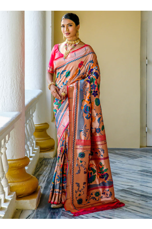 Rose Gold Paithani Silk Zari Woven Saree