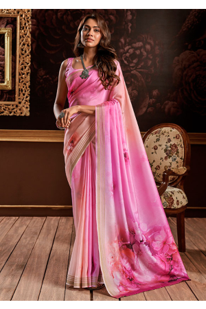 Rose Pink and Peach Floral Print Pure Handloom Silk Saree