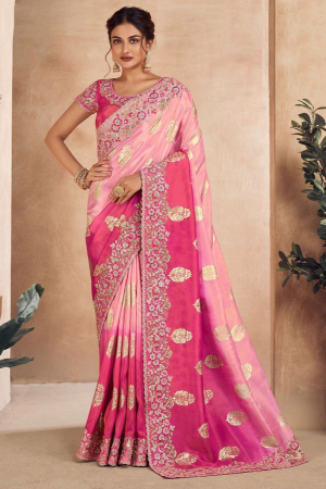 Rose Pink and Rani Pink Embroidered Viscose Jacquard Designer Saree