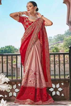 Rose Pink and Red Heavy Wedding Wear Saree