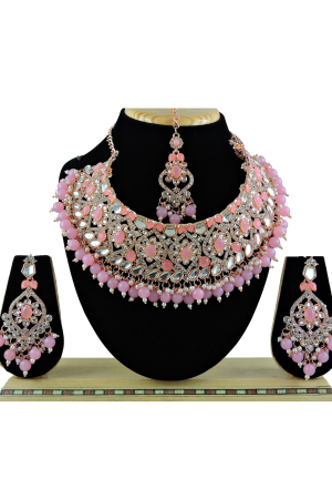 Rose Pink Designer Necklace Set with Maang Tikka