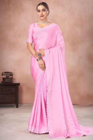 Rose Pink Embellished Satin Chiffon Saree