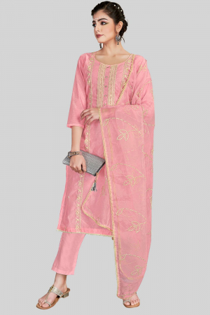 Rose Pink Embroidered Chanderi Silk Pant Kameez