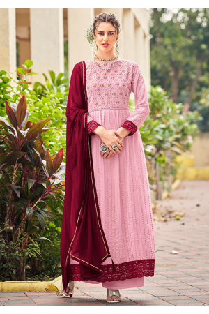 Rose Pink Embroidered Faux Georgette Palazzo Kameez